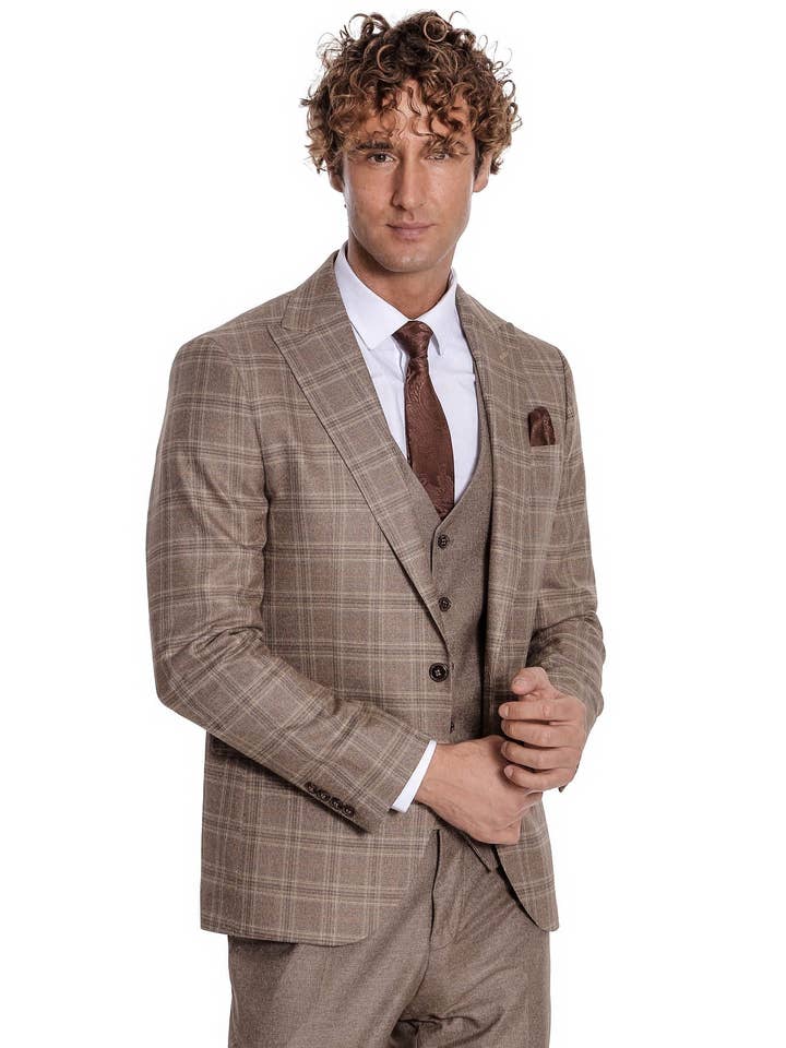 Brun Kontrolleret Slim Fit Lysebrun Herre Jakkesæt - Spids Revers for engroshandel på Faire4