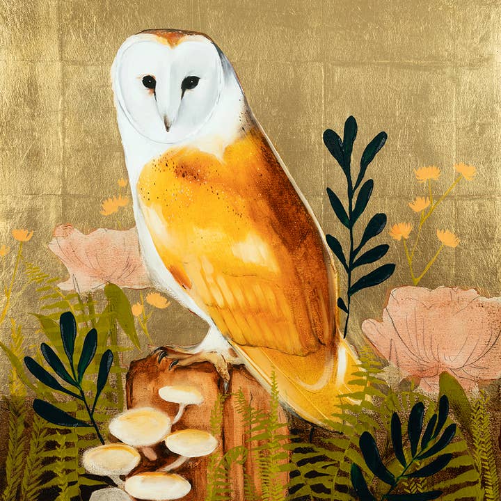 Uil op goud (canvasdruk op houten paneel met metalen blad) voor wholesale door Joseph Bradley Studio