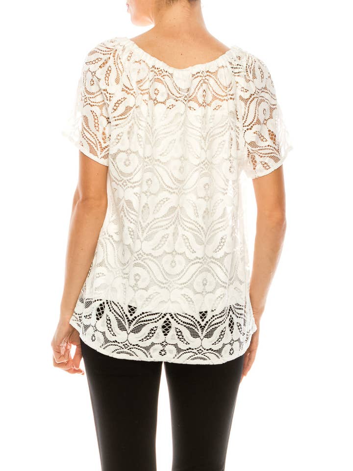 Grand & Greene White Lace Short Sleeve Elastic Boat Neckline Top for wholesale on Faire
