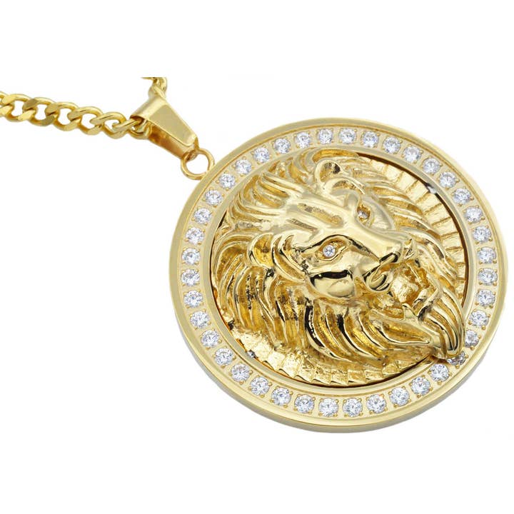 Men's Gold Stainless Steel Lion Pendant With Cubic Zirconia for wholesale by Blackjack Mens Jewelry