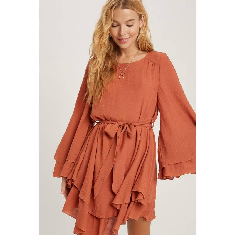 Pink Irene Wholesale - Wholesale Dress - Women's - LONG BELL SEEVE SELF TIE RUFFLE HEM SOLID DRESS3