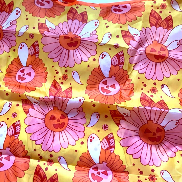 Krystan Saint Cat - Wholesale Grocery/Shopping Bag - Spooky Retro Ghost Floral Fold-Up Reusable Grocery Bag6