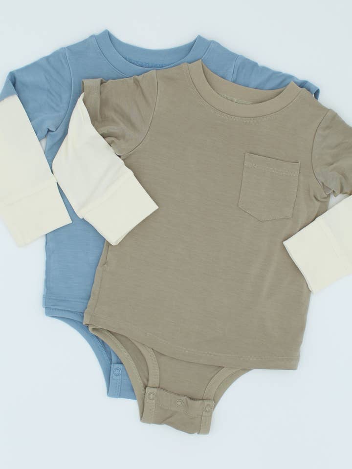 Long Sleeve Layered Pocket Tee Onesie for wholesale by Black Sheep Baby Co
