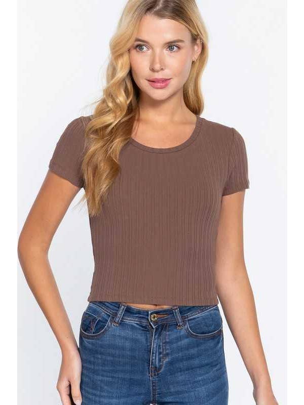 Vanilla Monkey – wholesale Stickad topp - Dam – Kortärmad Rund hals Variegate Rib Stickad topp