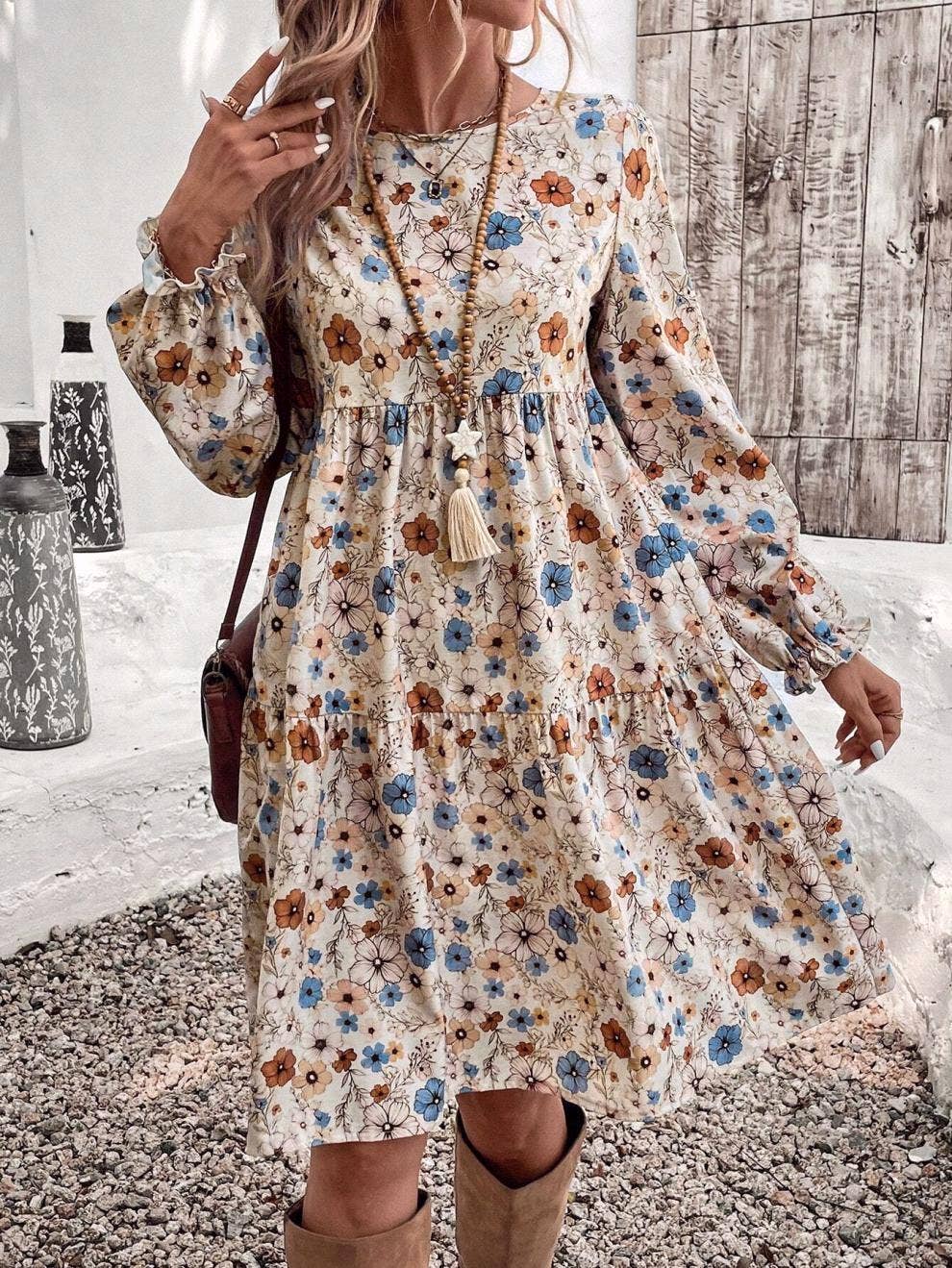 Apricot Floral print bohemian long-sleeves babydoll dress for wholesale on Faire6