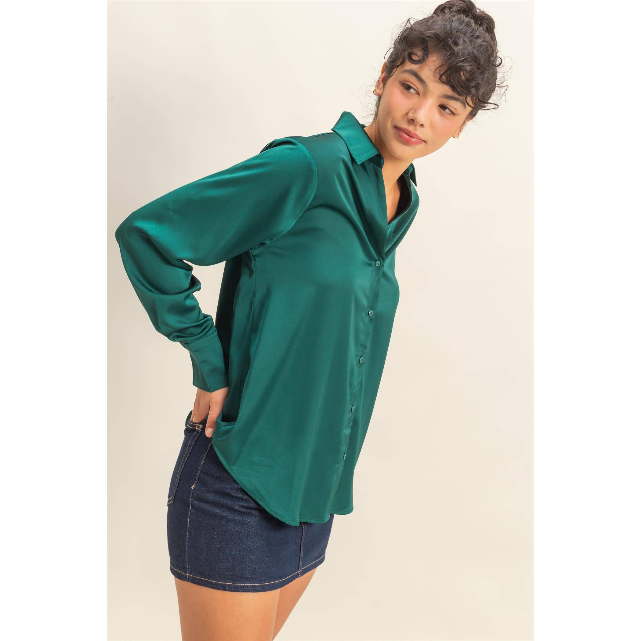 Double Zero - Wholesale Blouse - Women's - Button-Up Satin Shirt With Collared Neckline23