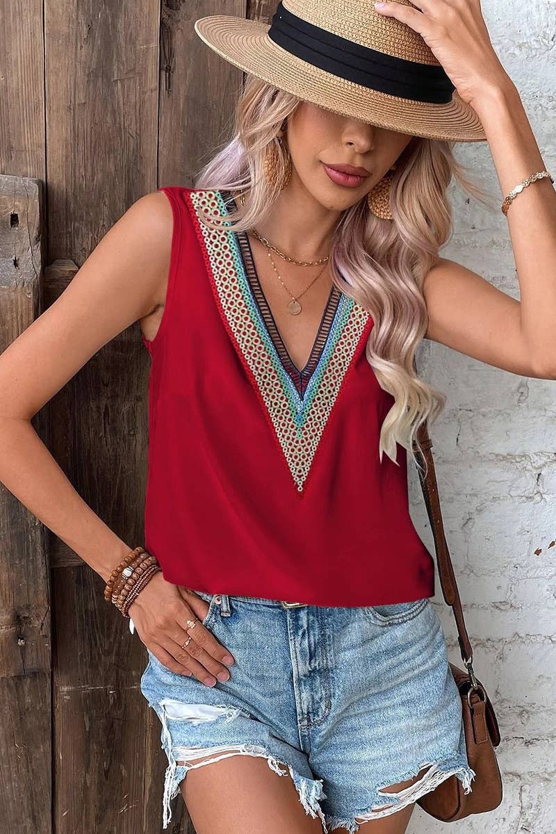 Lily Clothing - Wholesale Blouse - Women's - MULTICOLOR LACE V NECK SLEEVELESS BLOUSE_CWTBLSL002512
