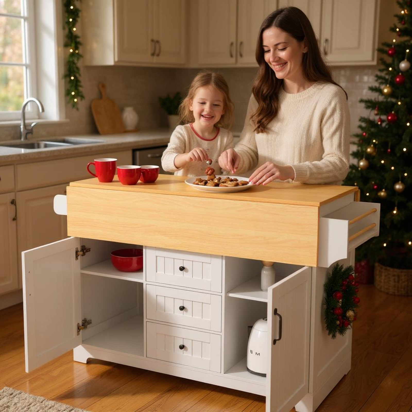 HOMYCASA DESIGN INC - Vente Rangements/organisateurs de cuisine - Îlot de cuisine avec rangement et plan de travail rabattable1