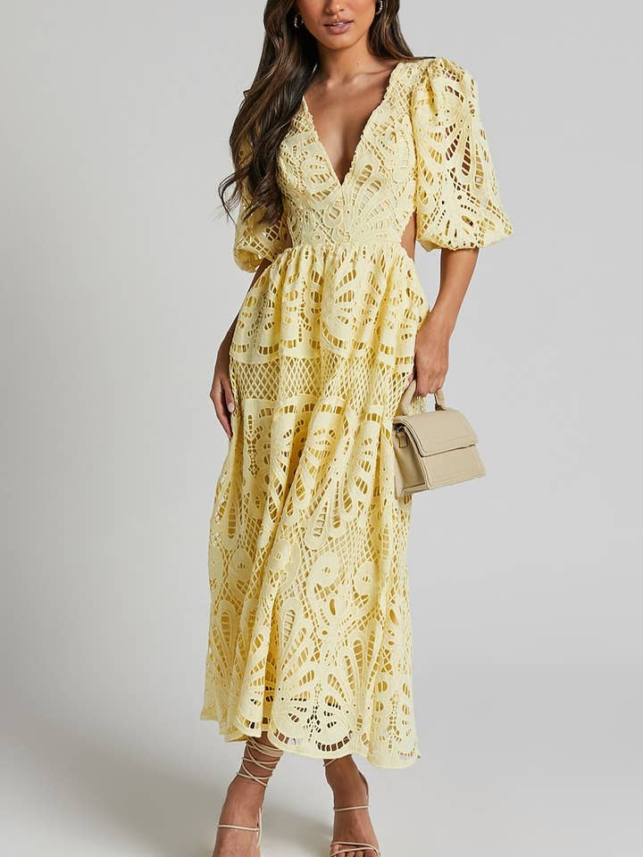 V-Neck Cut-Out Lace Embroidered Waistless Dress for wholesale by Rosa Clothing