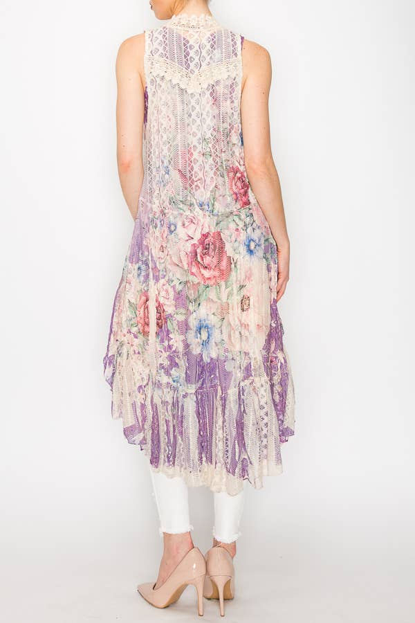 Origami Apparel ~  Lace and Crochet inspired - Wholesale Outerwear Vest - Women's - BOHEMIAN ALL LACE HI LOW VEST-U013BG/DD LAV FL3