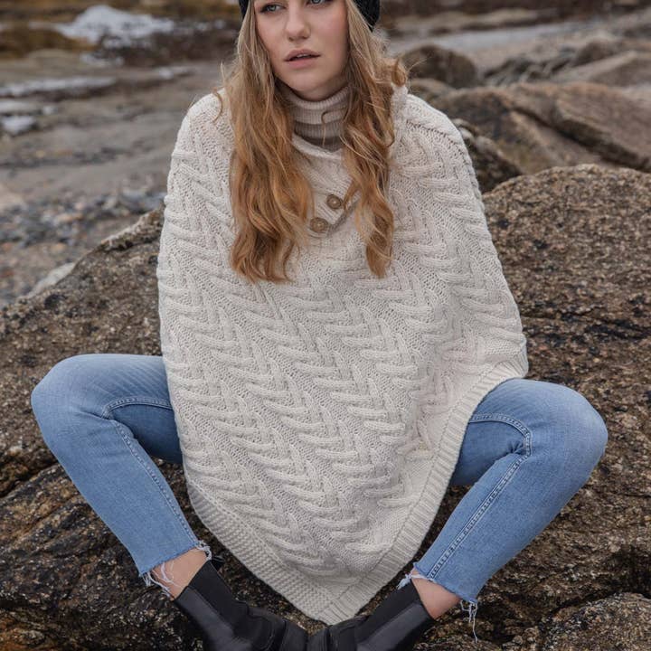 Eurostick - Wholesale Poncho - Women's - Aran Cable Button Shawl Neck Poncho2