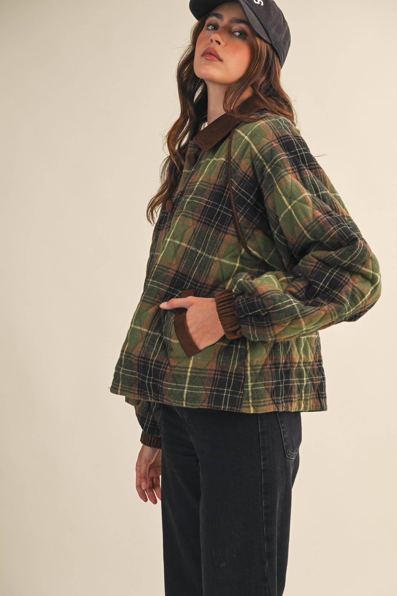 &MERCI - Wholesale Jacket - Women's - PLAID QUILTED JACKET WITH CONTRAST CORDUROY DETAIL MJK411512