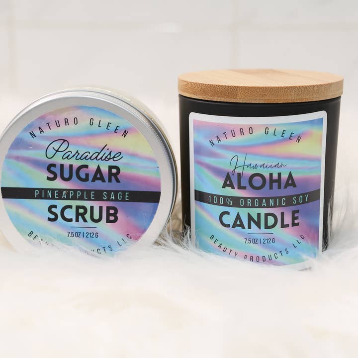 Gommage au sucre à l'ananas et à la sauge et paquet de bougies Aloha hawaïennes pour la vente par Naturo Gleen Beauty Products