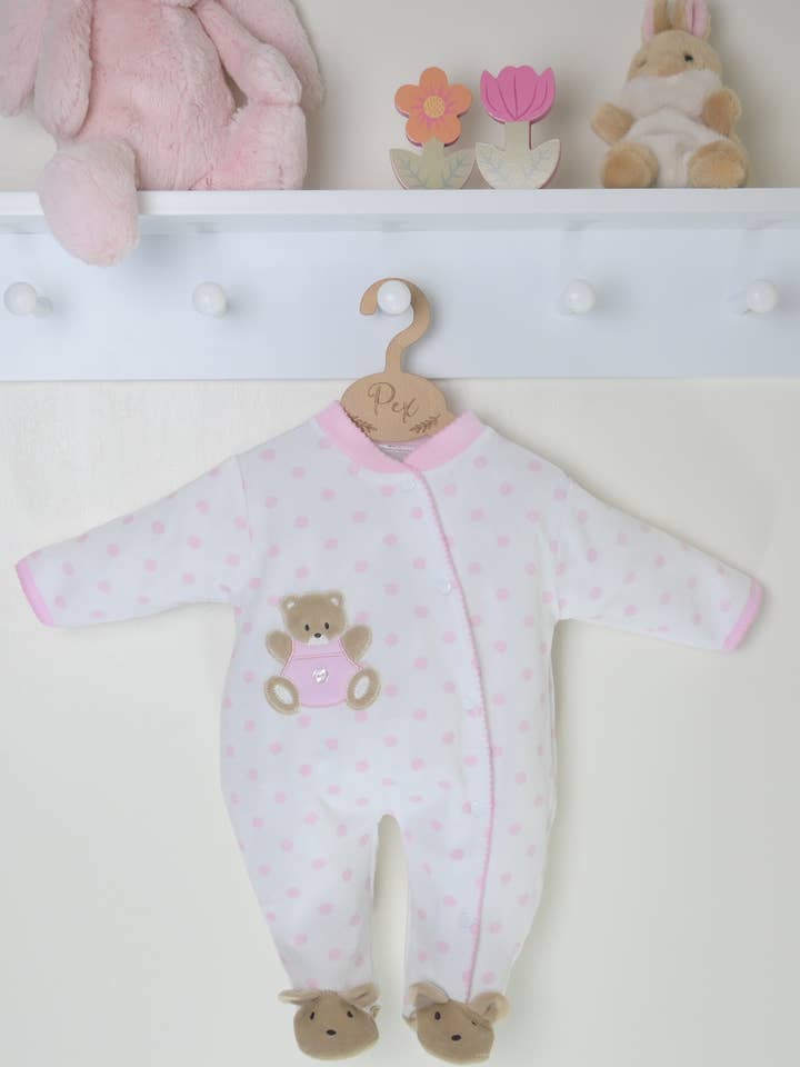 Teddy Spot Sleepsuit Pink/White for wholesale by Pex Wholesale