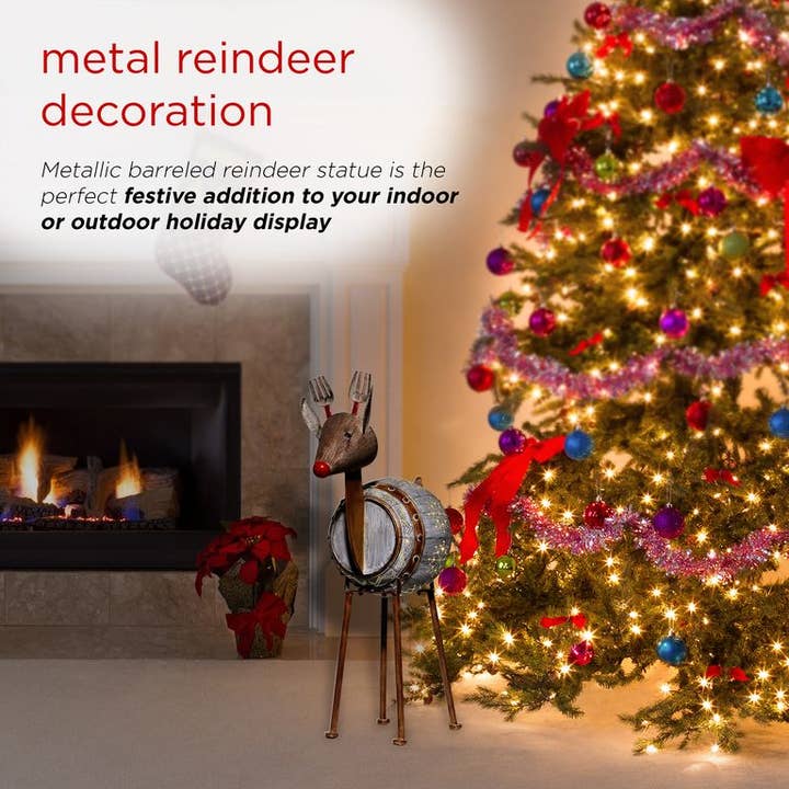 Alpine Corporation - Wholesale Outdoor Ornament/Decor - Alpine Corporation Weathered Barrel Reindeer Décor with Warm2