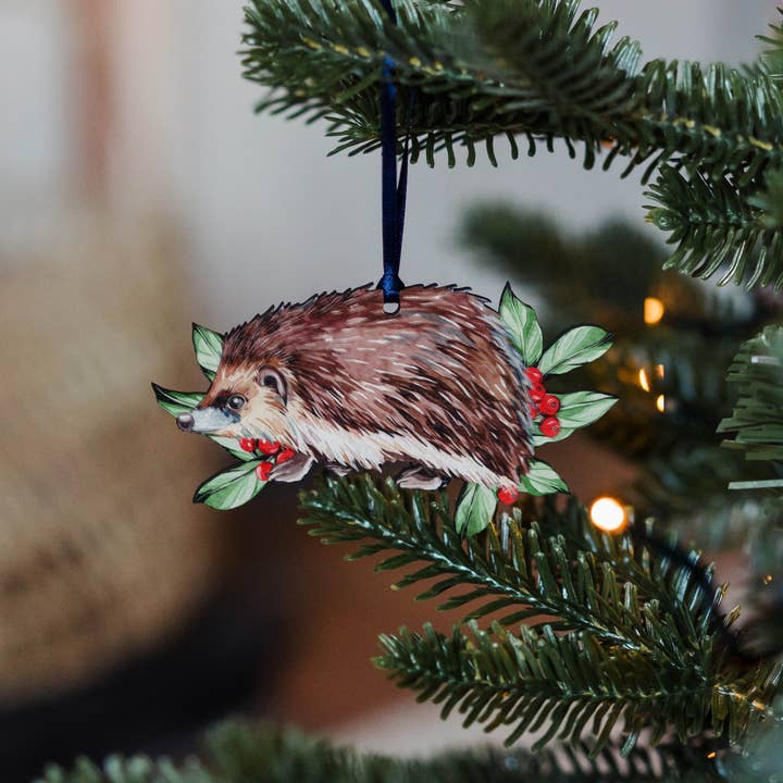 Hedgehog Sustainable Wooden Watercolour Christmas Ornament for wholesale by Sophie Brabbins