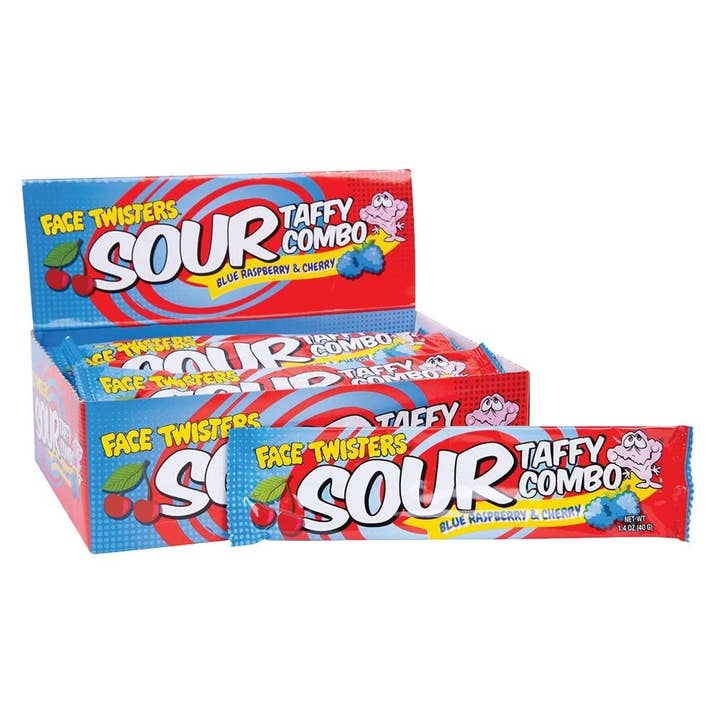 Face Twisters Sour Taffy Combo Cereja Framboesa Azul 24 un por atacado de Long Island Candy Factory