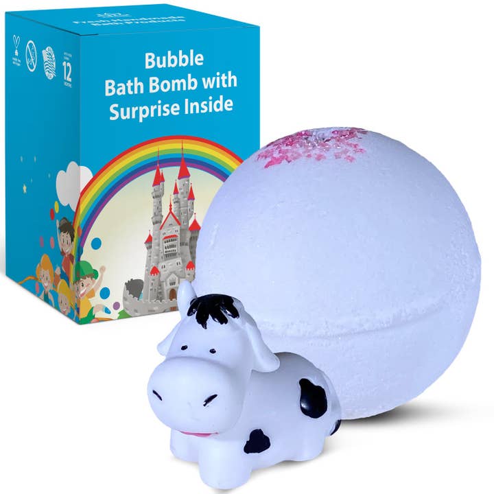Relaxcation - Vendita all'ingrosso Bombe/polveri da bagno - 1 bomba da bagno per bambini con simpatico giocattolo a sorpresa a forma di mucca all'interno, idratante agli oli di cocco e d'oliva e aroma floreale di gardenia bianca - USA