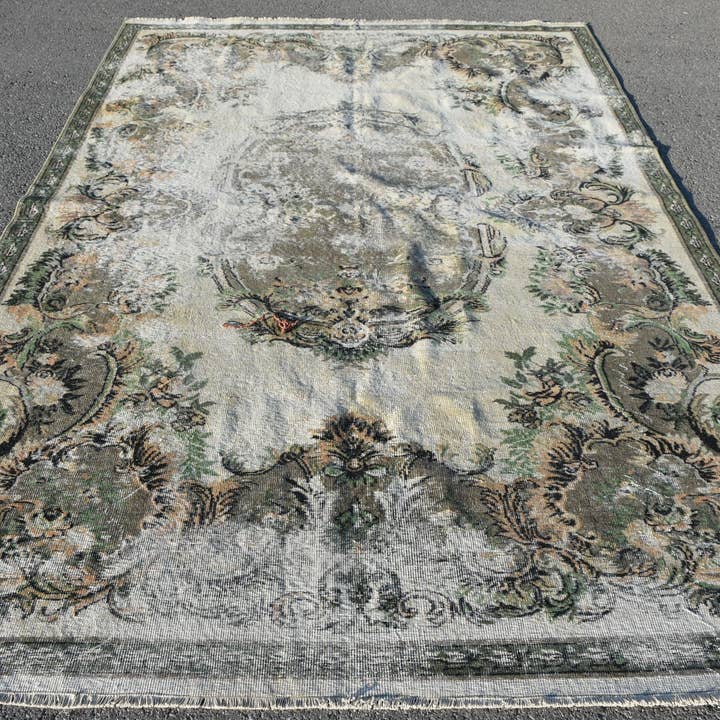 Handgjord beige och grön matta, 6,7x10 fot klassisk lapptäcke för wholesale av Vintage Rugs Loom