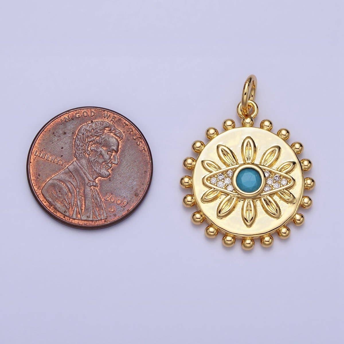 Aim Eternal - Wholesale Individual Charm/Pendant - Evil Eye Turquoise Clear Micro Paved CZ Dotted Round Disc Gold Charm | AC3622