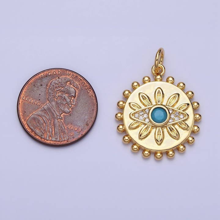 Aim Eternal - Wholesale Individual Charm/Pendant - Evil Eye Turquoise Clear Micro Paved CZ Dotted Round Disc Gold Charm | AC3622