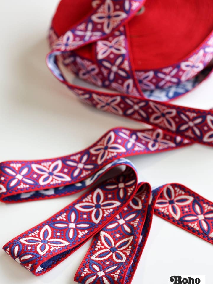 36 Yard Roll - Alpine Petals in Red & Blue, 1 7/8" Vintage Jacquard Trim, TRIM-031 for wholesale by Boho Fabrics