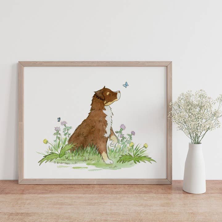 Australian Shepherd Art, Red Tri Aussie Print for wholesale by Jasper and Ruby