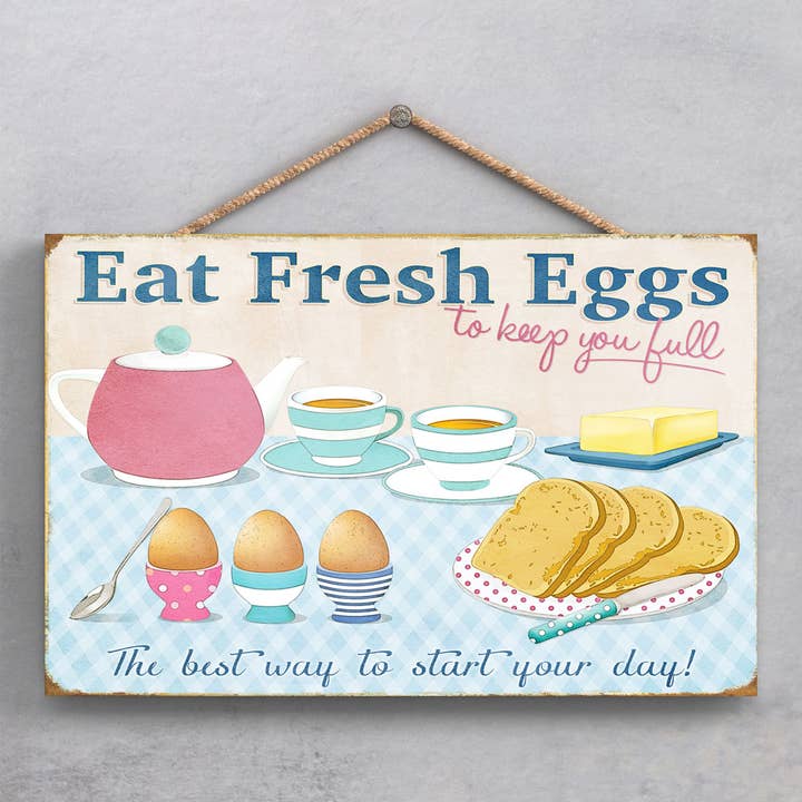 P1884 - Eat Fresh Eggs Kitchen Themed Decorative Wooden Hang for wholesale by Vivid Squid Wholesale