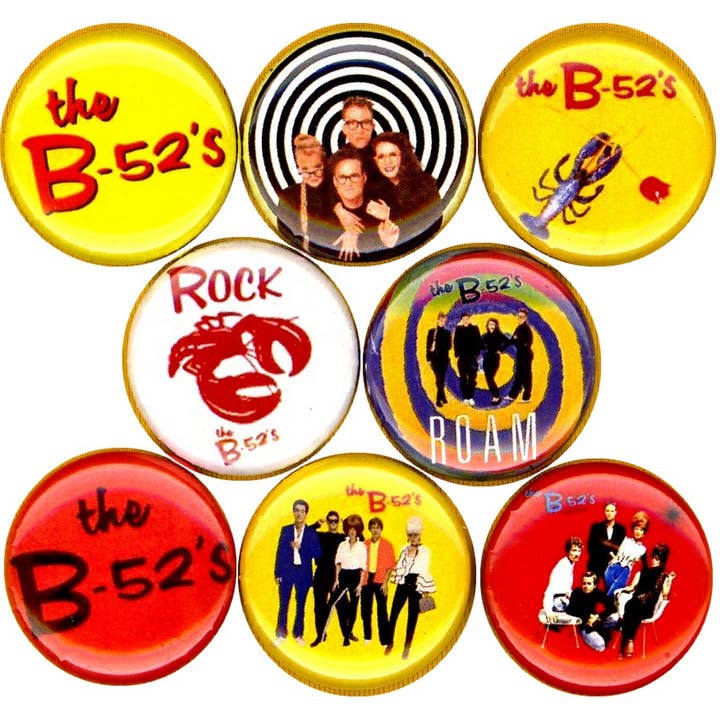 Bottons do B52's x 8 unidades de 25 mm para loja de discos por atacado de Pinbax Express
