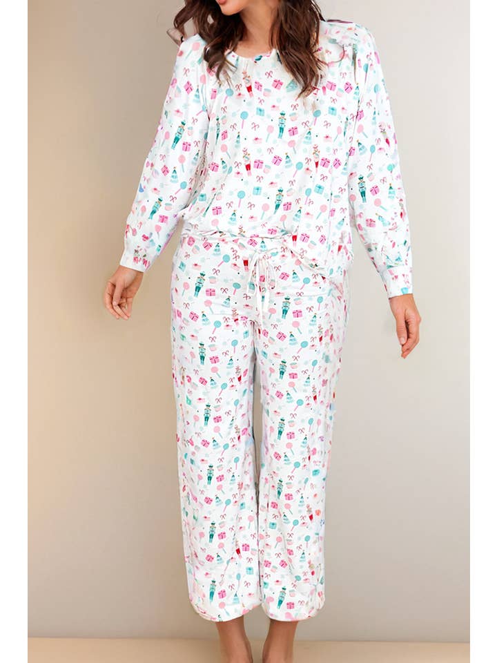 White Christmas Pattern Long Sleeve Top and Wide Leg Pants Set for wholesale on Faire