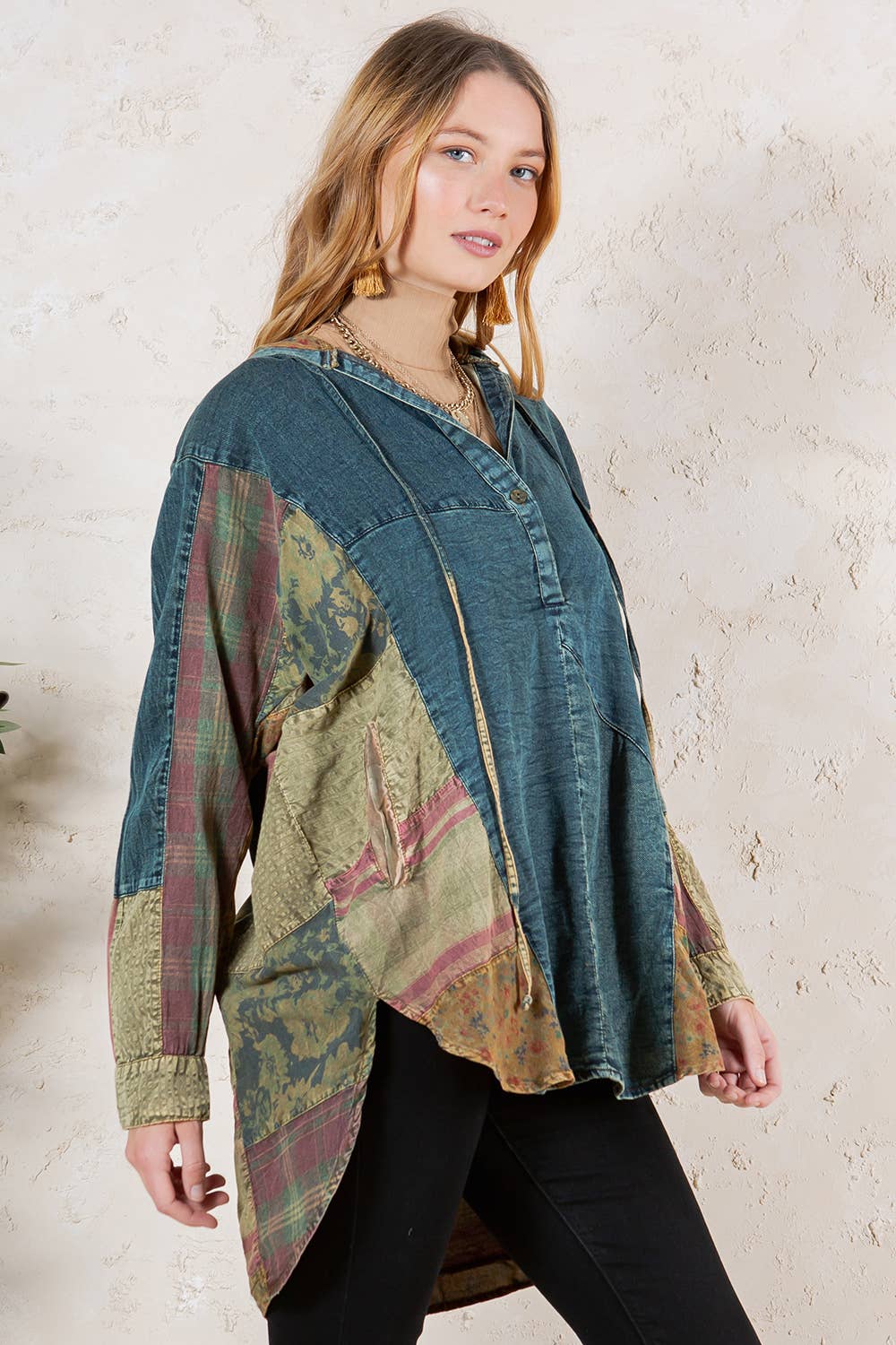 Young Threads - Wholesale Tunic - Women's - Western Boho Chic: Hooded High Low Patchwork Top6