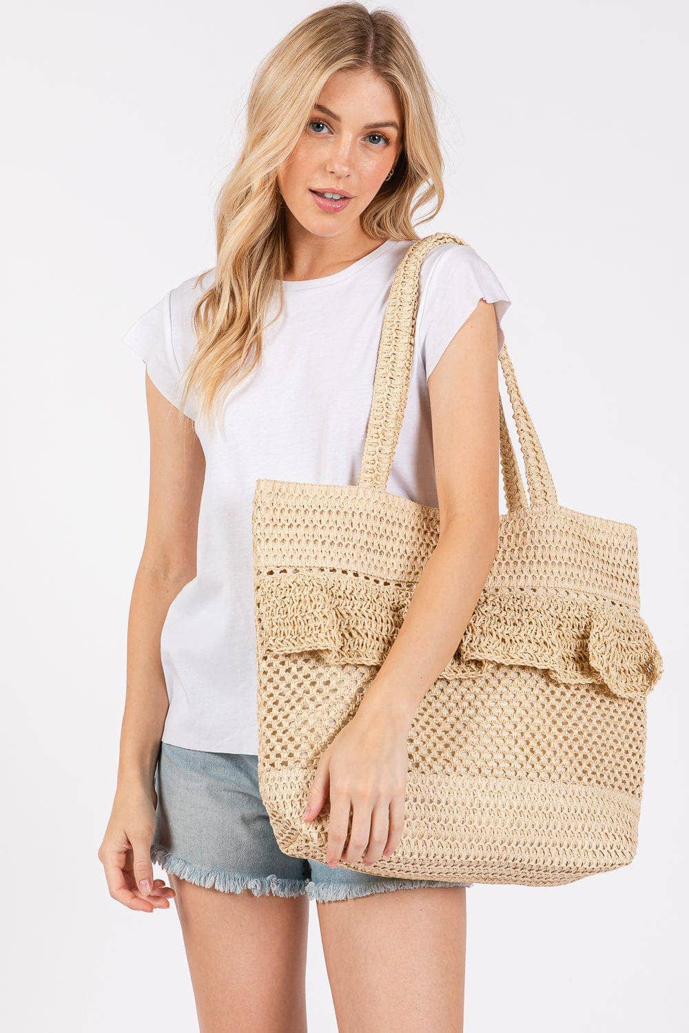 MiMi Wholesale - Wholesale Tote Bag - Women's - MB0272 Ruffle Detail Crochet Straw Tote Bag8