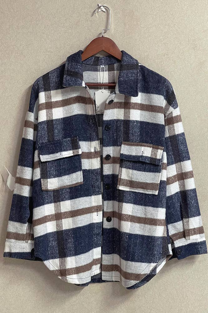 Blue Plaid Flannel Shacket Jacket Women TOPW1118-B3 for wholesale on Faire2