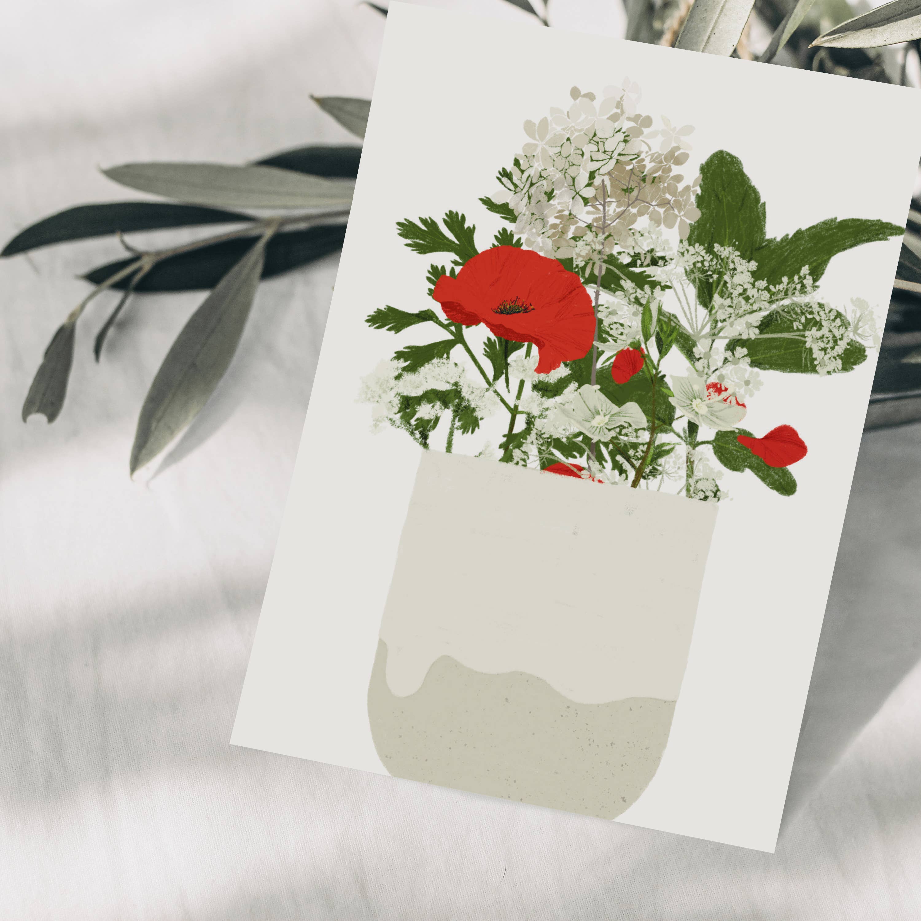 Wildblumen Atelier - Wholesale Postcard - Postcard red & white flowers in hand-thrown mug, FSC1