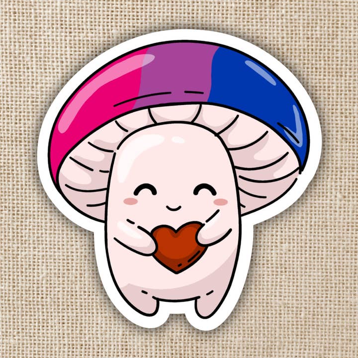 Bisexual Pride Flag Mushroom Sticker for wholesale by Kingdom of Threads