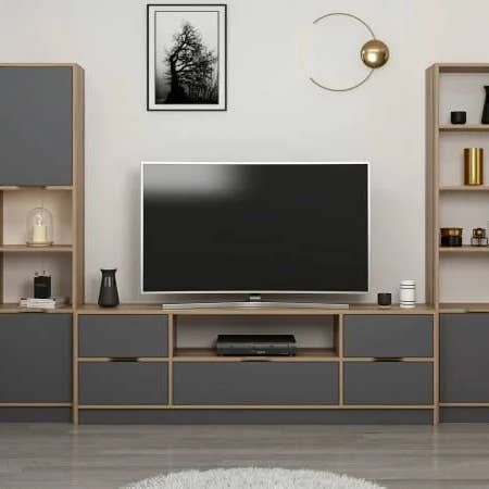 Conjunto Elina: Mueble para TV 3K + Estantería 1K + Estantería 2K - Dorado/Antiguo para venta al por mayor de benjashop