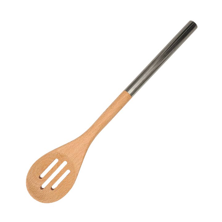 Slotted wooden spoon with stainless steel handle 34 cm for wholesale by Fackelmann