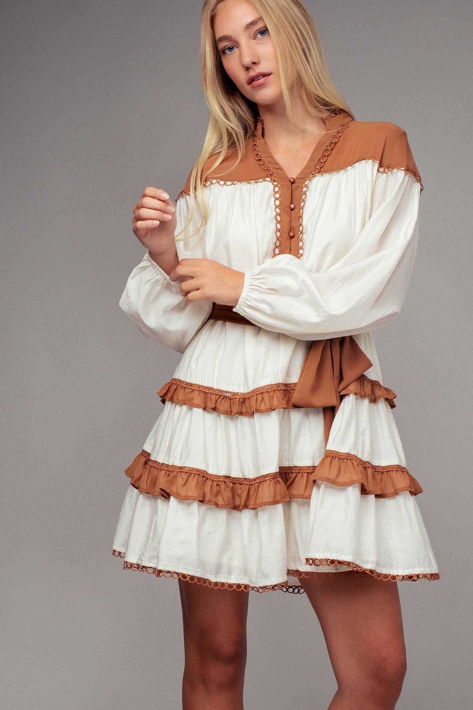 Urban Daizy - Wholesale Dress - Women's - Contrast Trim Renaissance Tiered Mini Dress0