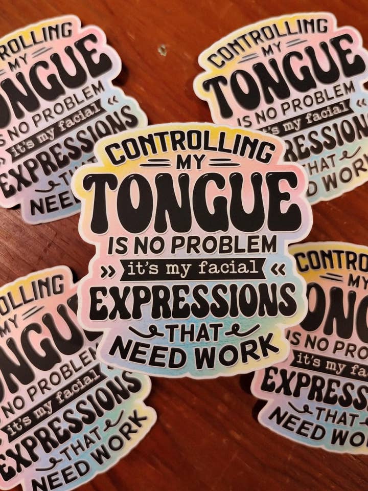 Controlling My Tongue Funny Facial Expressions Sticker for wholesale by The Crafty Bookworm3