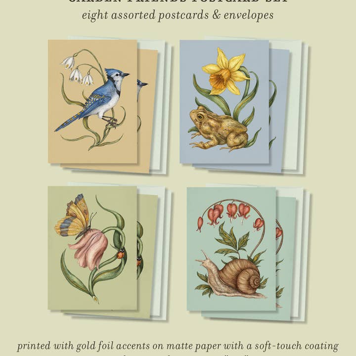 Garden Friends Gold Foil Postcard Set for wholesale by Jessica Roux Illustration