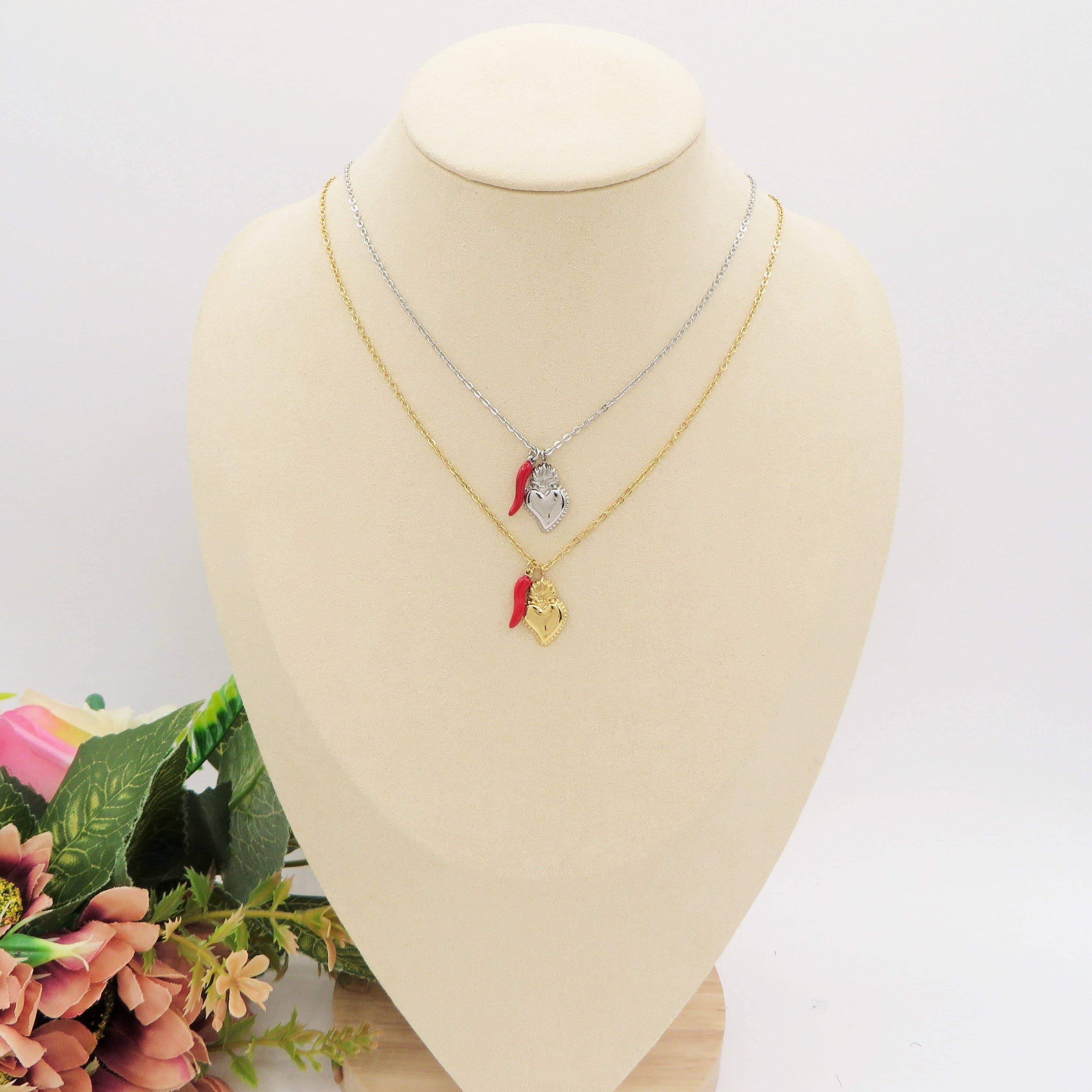 Daemon srls - Vente Colliers à pendentif - SACRED LUCKY ~ Collier avec charms cœur sacré et cornet en acier inoxydable5