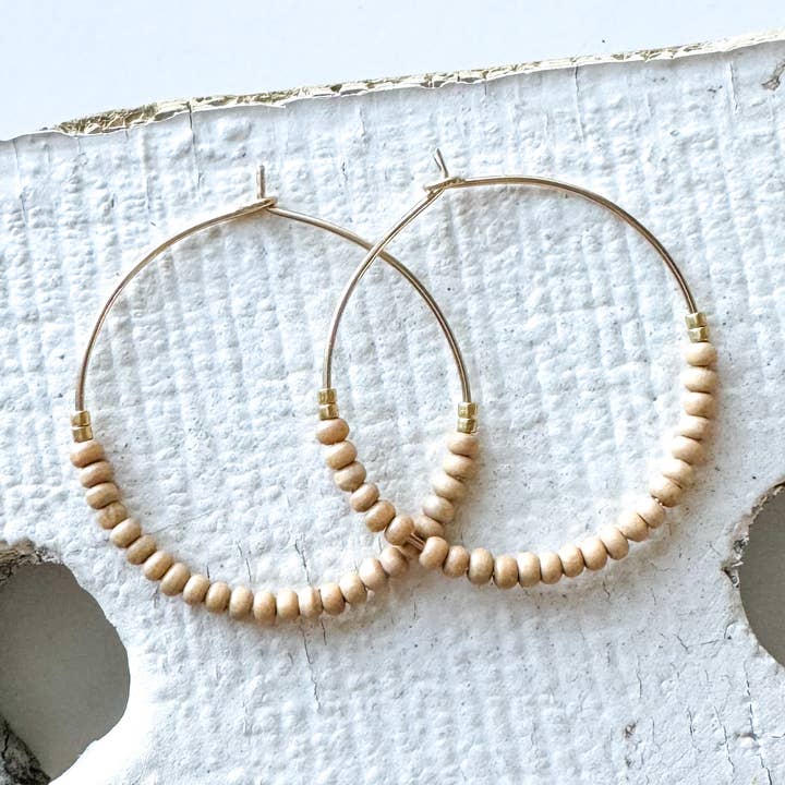 Natural Wood Beaded Gold Filled Hoop Earring for wholesale by Hello Heather