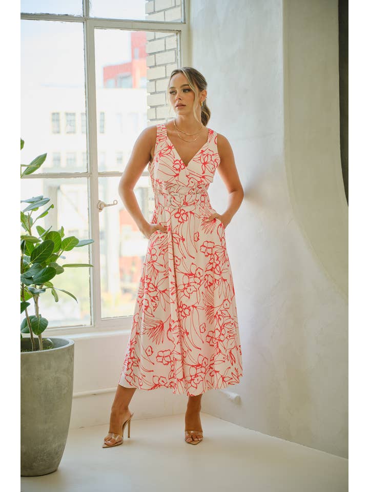 Tea & Cup - Wholesale Dress - Women's - Floral print wide Strap dress with matching belt3