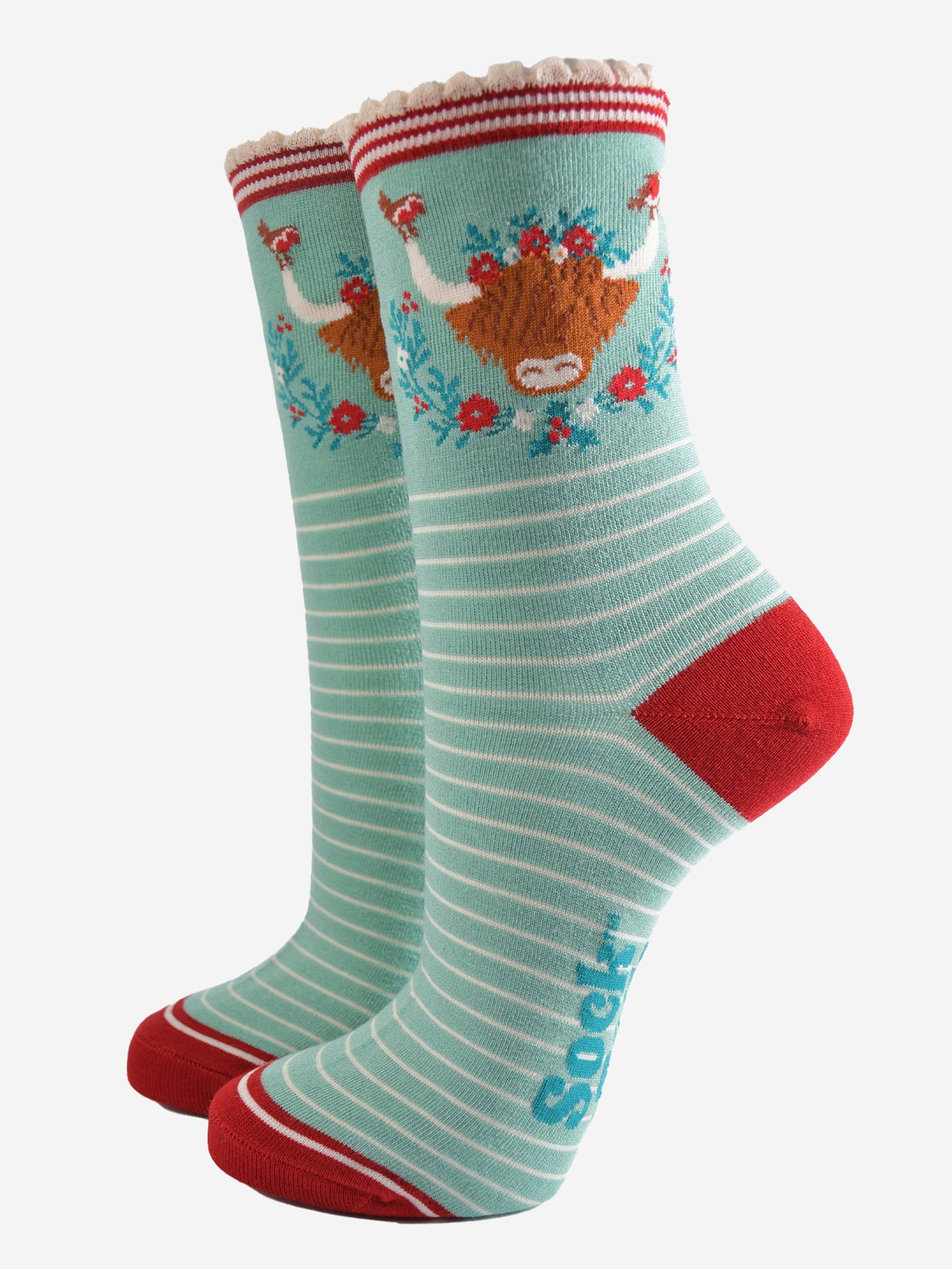 Sock Talk – wholesale Socks – Women's – Women's Bamboo Socks - Green/Red, Christmas Highland Cow14