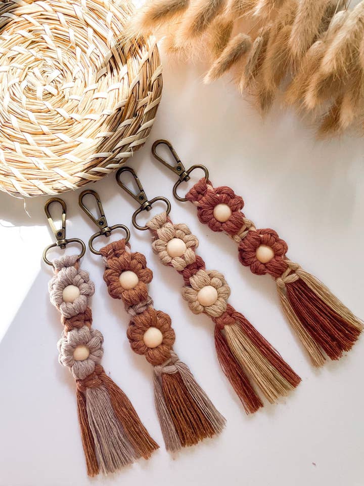 Macrame Flower Keychain with Beads - Boho Bag Charm for wholesale by Naorvi Macrame