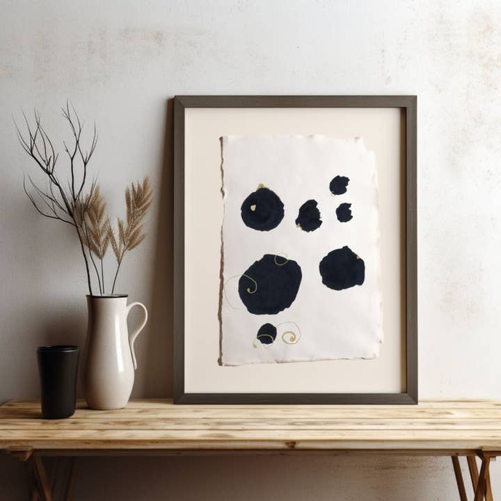 Black & Gold Ink Geometric Shapes Painting on Deckled Paper for wholesale by ArtbyHaise