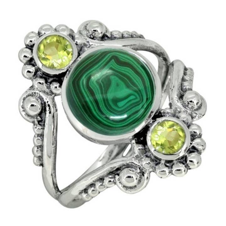 Saraswati Imports - Wholesale Cocktail/Statement Ring - Anastasia Malachite & Peridot Sterling Ring