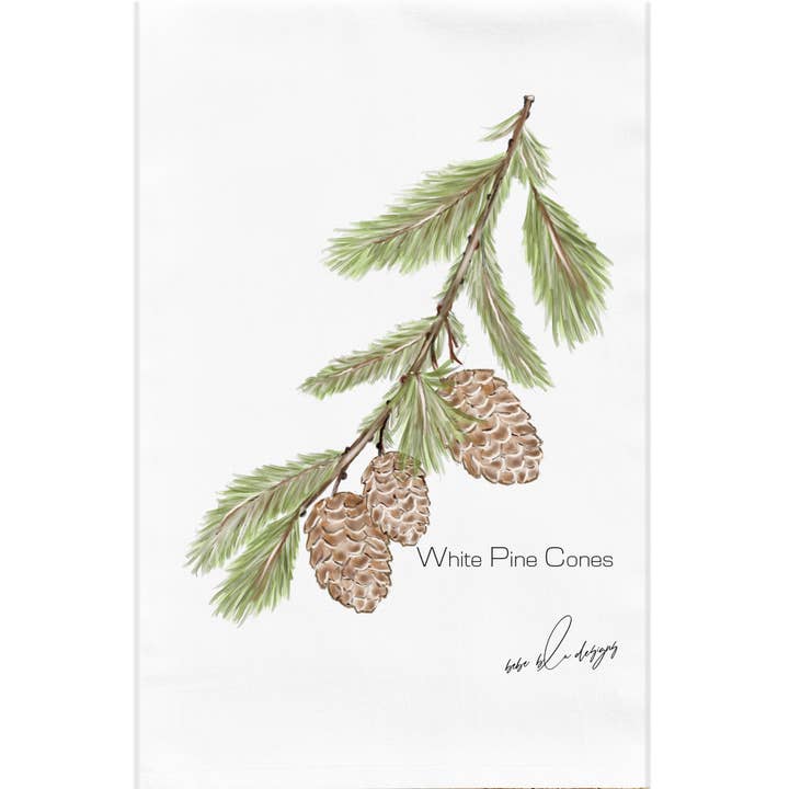 White Pine Cone Flour Sack Tea Towel, Holiday Kitchen Decor for wholesale by Bebe Blu Designs, LLC