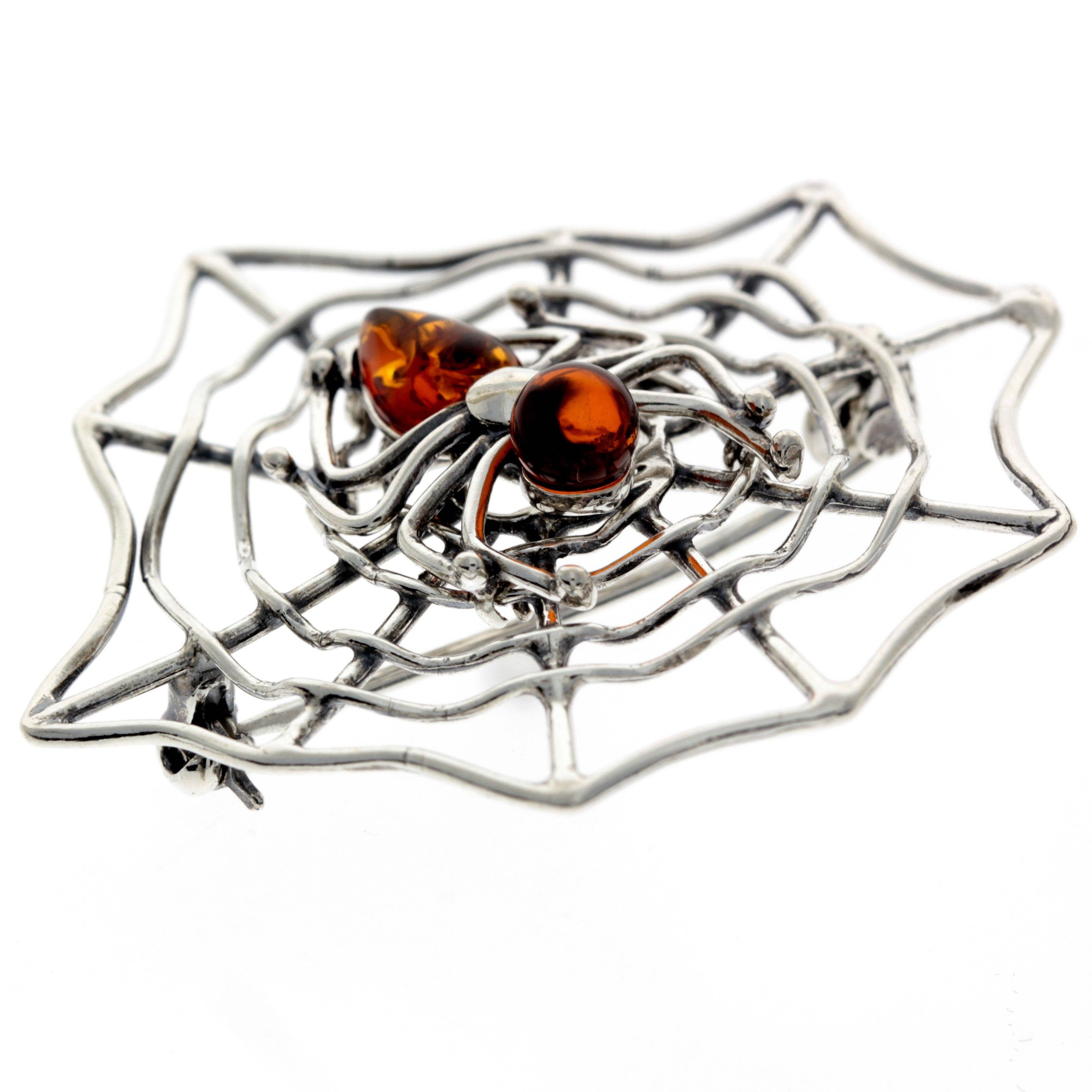 SilverAmber Jewellery - Wholesale Brooch - 925 Sterling Silver & Baltic Amber Spider on the web Brooch - 40392