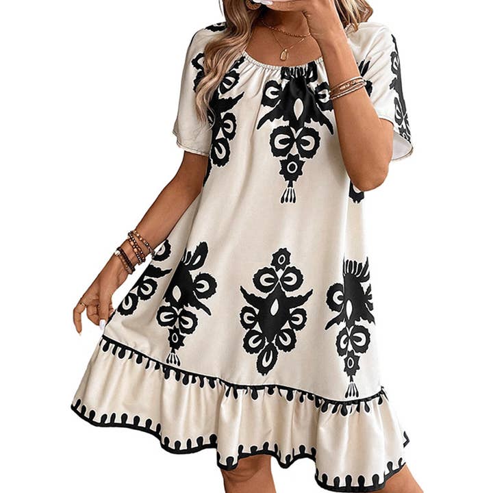 Loose straight leg vintage geometric print dress for wholesale by Lily Clothing